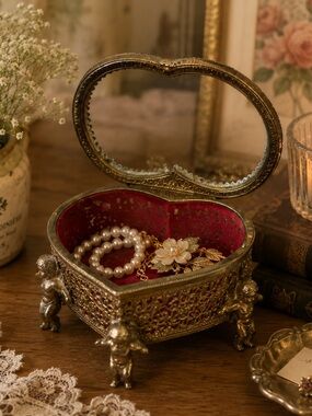 Vintage Heart-Shaped Victorian Jewelry brass Casket trinket with Cherub Feet
